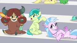 Size: 1920x1080 | Tagged: safe, screencap, character:huckleberry, character:sandbar, character:silverstream, character:yona, species:classical hippogriff, species:earth pony, species:hippogriff, species:pony, species:yak, episode:a matter of principals, g4, my little pony: friendship is magic, bow, cloven hooves, female, friendship student, hair bow, jewelry, male, monkey swings, necklace, tired