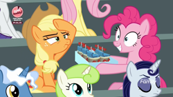 Size: 1920x1080 | Tagged: safe, screencap, character:applejack, character:fluttershy, character:minty green, character:moonlight raven, character:pinkie pie, character:pokey pierce, character:rarity, species:earth pony, species:pegasus, species:pony, species:unicorn, episode:the washouts, g4, my little pony: friendship is magic, "scootaloo's super-difficult stunt" special cupcakes, :s, bake it like buddy, bleachers, crazy eyes, cupcake, female, food, male, mare, scooter, squint, stallion, wavy mouth, wide eyes