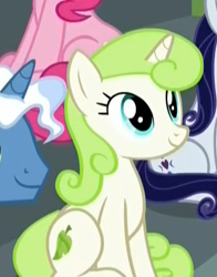 Size: 348x445 | Tagged: safe, screencap, character:minty green, character:moonlight raven, character:pinkie pie, character:pokey pierce, species:earth pony, species:pony, species:unicorn, episode:the washouts, g4, my little pony: friendship is magic, background pony, cropped, cute, female, looking up, male, mare, sitting, smiling, solo focus, stallion