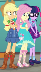 Size: 441x773 | Tagged: safe, screencap, character:applejack, character:fluttershy, character:twilight sparkle, character:twilight sparkle (scitwi), species:eqg human, equestria girls:rollercoaster of friendship, g4, my little pony:equestria girls, belt, boots, clothing, cowboy boots, cowboy hat, crossed arms, denim skirt, dress, feet, female, freckles, geode of fauna, geode of super strength, geode of telekinesis, glasses, hat, ponytail, sandals, shoes, skirt, socks, stetson
