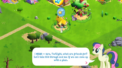 Size: 1280x720 | Tagged: safe, gameloft, screencap, character:bon bon, character:sweetie drops, character:twilight sparkle, species:earth pony, species:pony, dialogue, female, game screencap, golden oaks library, mare, speech bubble, tree