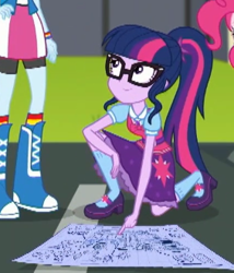 Size: 283x331 | Tagged: safe, screencap, character:pinkie pie, character:rainbow dash, character:twilight sparkle, character:twilight sparkle (scitwi), species:eqg human, episode:get the show on the road, eqg summertime shorts, g4, my little pony:equestria girls, cropped, geode of telekinesis, glasses, offscreen character, smiling