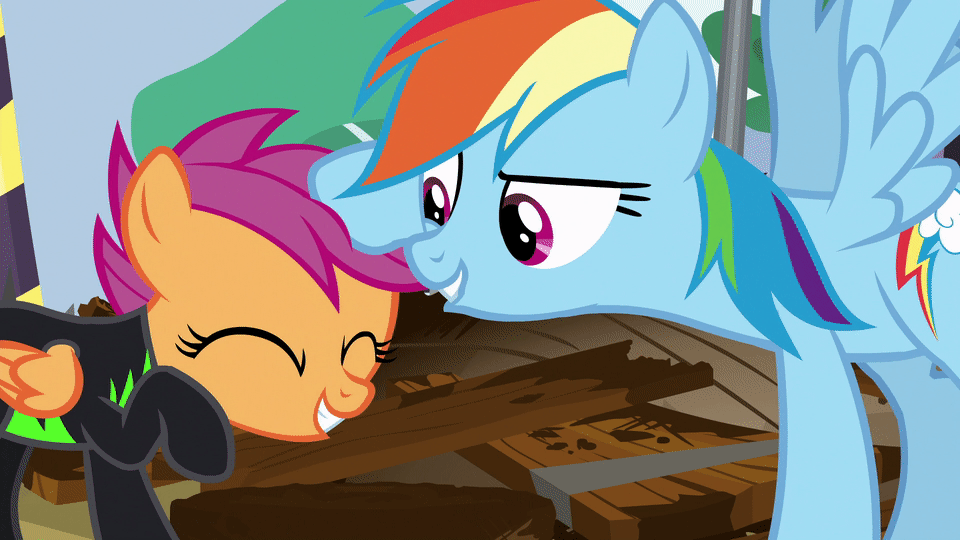 Size: 960x540 | Tagged: safe, screencap, character:rainbow dash, character:scootaloo, species:pegasus, species:pony, episode:the washouts, g4, my little pony: friendship is magic, animated, clothing, duo, eyes closed, gif, noogie, pint-sized dynamite, raised eyebrow, ruffled hair, scootalove, smiling, uniform, washouts uniform