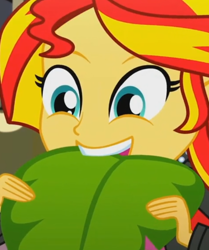 Size: 664x795 | Tagged: safe, screencap, character:sunset shimmer, episode:epic fails, eqg summertime shorts, g4, my little pony:equestria girls, cropped, eating, leaf, solo
