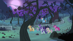 Size: 1280x720 | Tagged: safe, screencap, character:applejack, character:fluttershy, character:pinkie pie, character:rainbow dash, character:rarity, character:spike, character:twilight sparkle, character:twilight sparkle (alicorn), species:alicorn, species:dragon, species:earth pony, species:pegasus, species:pony, species:unicorn, episode:bats!, g4, my little pony: friendship is magic, apple orchard, apple tree, bare tree, female, fence, full moon, male, mane seven, mane six, mare, moon, night, orchard, path, tree, trotting