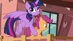 Size: 1280x720 | Tagged: safe, screencap, character:scootaloo, character:twilight sparkle, character:twilight sparkle (alicorn), species:alicorn, species:pegasus, species:pony, episode:the washouts, g4, my little pony: friendship is magic, carrying, clubhouse, crusaders clubhouse, duo, female, filly, flying, foal, holding a pony, mare, plot, twibutt