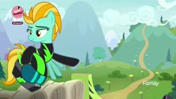Size: 1920x1080 | Tagged: safe, screencap, character:lightning dust, species:pegasus, species:pony, episode:the washouts, g4, my little pony: friendship is magic, clothing, female, flying, helmet, hill, mare, path, uniform, washouts uniform