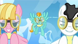 Size: 1280x720 | Tagged: safe, screencap, character:lightning dust, character:meadow flower, character:starry eyes, episode:wonderbolts academy, faec, goggles, wonderbolt trainee uniform