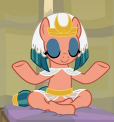 Size: 403x432 | Tagged: safe, screencap, character:somnambula, species:pegasus, species:pony, episode:a rockhoof and a hard place, g4, my little pony: friendship is magic, cropped, eyes closed, eyeshadow, female, lotus position, makeup, mare, meditation, omnambula, solo, yoga