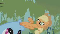 Size: 1920x1080 | Tagged: safe, screencap, character:applejack, character:rainbow dash, episode:bridle gossip, g4, my little pony: friendship is magic, appletini, everfree forest, micro, mouth, nom, reverse vore, vore
