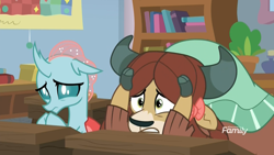 Size: 1920x1080 | Tagged: safe, screencap, character:ocellus, character:yona, species:changeling, species:reformed changeling, species:yak, episode:a rockhoof and a hard place, g4, my little pony: friendship is magic, bookshelf, bow, classroom, cloven hooves, cowering, desk, discovery family logo, female, hair bow, monkey swings, quilt, sad, scared, worried