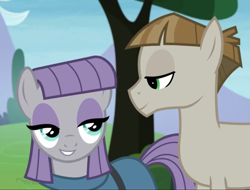 Size: 1421x1080 | Tagged: safe, screencap, character:maud pie, character:mudbriar, species:earth pony, species:pony, ship:maudbriar, episode:the maud couple, g4, my little pony: friendship is magic, season 8, bedroom eyes, female, male, shipping, smiling, straight, when she smiles