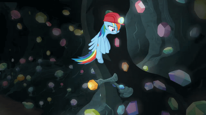 Size: 720x404 | Tagged: safe, screencap, character:rainbow dash, character:rarity, species:pegasus, species:pony, species:unicorn, episode:the end in friend, g4, my little pony: friendship is magic, animated, boots, broken, cart, cave, collision, duo, female, gem, gem cave, glitter boots, helmet, mare, mining helmet, neckerchief, on back, rainbow crash, shattered, shocked, shoes