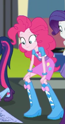 Size: 223x423 | Tagged: safe, screencap, character:pinkie pie, character:rarity, character:twilight sparkle, character:twilight sparkle (scitwi), species:eqg human, episode:get the show on the road, eqg summertime shorts, g4, my little pony:equestria girls, boots, clothing, cropped, female, geode of sugar bombs, offscreen character, shoes, skirt, solo focus