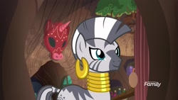 Size: 1920x1080 | Tagged: safe, screencap, character:zecora, species:pony, species:zebra, episode:a rockhoof and a hard place, g4, my little pony: friendship is magic, ear piercing, earring, female, jewelry, mare, neck rings, piercing, smiling, solo