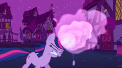Size: 1440x808 | Tagged: safe, screencap, character:twilight sparkle, character:twilight sparkle (unicorn), species:pony, species:unicorn, episode:boast busters, g4, my little pony: friendship is magic, season 1, eyes closed, female, glowing horn, gritted teeth, magic, magic aura, mare, night, ponyville, straining