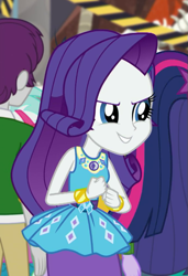 Size: 459x671 | Tagged: safe, screencap, character:indigo wreath, character:rarity, character:twilight sparkle, character:twilight sparkle (scitwi), species:eqg human, episode:school of rock, g4, my little pony:equestria girls, cropped, evil grin, geode of shielding, grin, indigo wreath, offscreen character, smiling, smirk