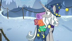 Size: 1280x720 | Tagged: safe, screencap, character:star swirl the bearded, species:pony, species:unicorn, episode:friendship university, g4, my little pony: friendship is magic, beard, clothing, facial hair, hat, looking back, male, mountain, path, robe, snow, solo, stallion, wizard hat