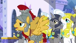 Size: 1920x1080 | Tagged: safe, screencap, character:flash magnus, species:pegasus, species:pony, species:unicorn, episode:a rockhoof and a hard place, g4, my little pony: friendship is magic, armor, helmet, male, night guard, royal guard, spread wings, stallion, wings