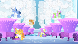 Size: 1280x720 | Tagged: safe, screencap, character:blues, character:merry may, character:noteworthy, character:parasol, species:pegasus, species:pony, episode:sonic rainboom, g4, my little pony: friendship is magic, background pony, clothing, cloud, female, flying, hard hat, hat, male, mare, self ponidox, stallion, uniform, warm front, weather factory, weather factory uniform