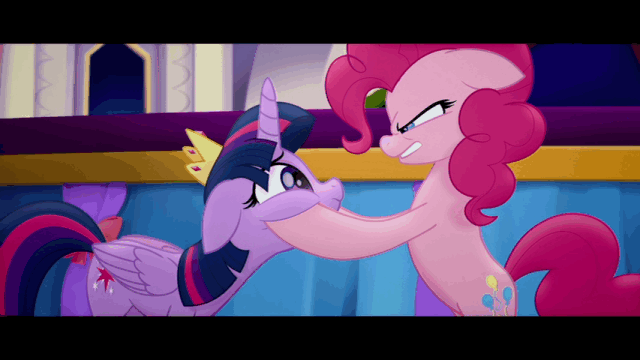 Size: 640x360 | Tagged: safe, screencap, character:pinkie pie, character:twilight sparkle, character:twilight sparkle (alicorn), species:alicorn, species:pony, my little pony: the movie (2017), animated, boop, boop compilation, noseboop, personal space invasion