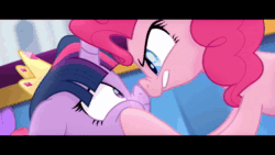 Size: 1280x720 | Tagged: safe, screencap, character:pinkie pie, character:twilight sparkle, character:twilight sparkle (alicorn), species:alicorn, species:earth pony, species:pony, my little pony: the movie (2017), animated, boop, eye contact, female, floppy ears, frown, glare, gritted teeth, looking at each other, loop, mare, nose wrinkle, noseboop, on back, peer pressure, pointing, pressure, sound, talking, underhoof, video, webm, worried