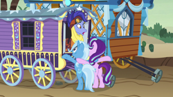 Size: 1280x720 | Tagged: safe, screencap, character:hoo'far, character:starlight glimmer, character:trixie, species:pony, species:unicorn, episode:on the road to friendship, clothing, female, goggles, hoo'far's wagon, male, mare, ms. powerful, saddle arabian, stallion, trio, trixie's wagon