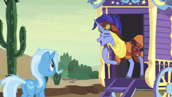 Size: 1280x720 | Tagged: safe, screencap, character:hoo'far, character:trixie, species:pony, species:unicorn, episode:on the road to friendship, cactus, clothing, duo, eyes closed, female, male, mare, saddle arabian, saguaro cactus, stallion, trixie's wagon