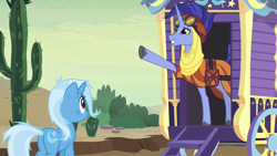 Size: 1280x720 | Tagged: safe, screencap, character:hoo'far, character:trixie, species:pony, species:unicorn, episode:on the road to friendship, cactus, clothing, female, goggles, male, mare, saddle arabian, saguaro cactus, stallion, trixie's wagon