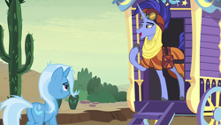 Size: 1280x720 | Tagged: safe, screencap, character:hoo'far, character:trixie, species:pony, species:unicorn, episode:on the road to friendship, cactus, clothing, duo, female, goggles, male, mare, saddle arabian, saguaro cactus, stallion, trixie's wagon