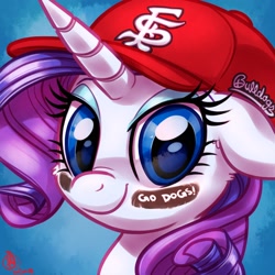 Size: 1800x1800 | Tagged: safe, artist:whitediamonds, character:rarity, species:pony, species:unicorn, baseball cap, bust, cap, clothing, eye black (makeup), eyeshadow, face paint, female, fresno state bulldogs, hat, looking at you, makeup, mare, smiling, solo