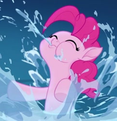 Size: 518x535 | Tagged: safe, screencap, character:pinkie pie, species:earth pony, species:pony, my little pony: the movie (2017), cropped, eyes closed, puffy cheeks, solo, spitting, water