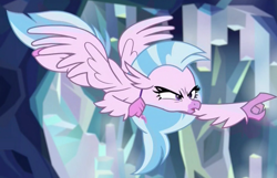 Size: 1370x883 | Tagged: safe, screencap, character:silverstream, species:classical hippogriff, species:hippogriff, episode:what lies beneath, g4, my little pony: friendship is magic, angry, beak, eyelashes, female, flying, narrowed eyes, pointing, school of friendship, solo, spread wings, wings