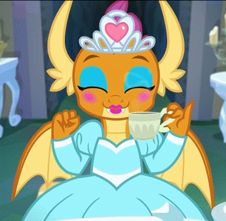Size: 446x436 | Tagged: safe, screencap, character:smolder, species:dragon, episode:what lies beneath, g4, my little pony: friendship is magic, animated, blushing, candlestick, claws, clothing, cropped, cup, cute, dragon wings, dragoness, dress, eyes closed, eyeshadow, fangs, female, food, giggling, girly, happy, jewelry, lipstick, looking at you, makeup, nightmare cave, open mouth, princess smolder, smiling, smolderbetes, solo, tea, tea party, teacup, teeth, tiara, wings