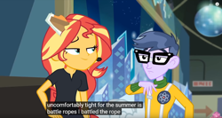 Size: 1250x666 | Tagged: safe, screencap, character:microchips, character:sunset shimmer, episode:all the world's off stage, g4, my little pony:equestria girls, duo, meme, text, youtube caption