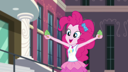 Size: 1280x720 | Tagged: safe, screencap, character:pinkie pie, episode:text support, g4, my little pony:equestria girls, armpits, clothing, cupcake, cute, cutie mark on clothes, diapinkes, dress, female, food, frosting, geode of sugar bombs, jalapeño, jalapeño supernova cupcake, magical geodes, open mouth, smiling