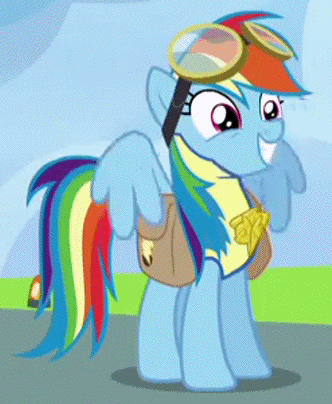 Size: 332x404 | Tagged: safe, screencap, character:rainbow dash, species:pegasus, species:pony, episode:wonderbolts academy, air quotes, animated, clothing, female, lead pony badge, mare, ohmygosh, omg, silly, solo, uniform, wingquotes, wonderbolt trainee uniform