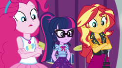 Size: 1920x1080 | Tagged: safe, screencap, character:pinkie pie, character:sunset shimmer, character:twilight sparkle, character:twilight sparkle (scitwi), species:eqg human, equestria girls:rollercoaster of friendship, g4, my little pony:equestria girls