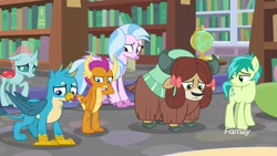 Size: 1920x1080 | Tagged: safe, screencap, character:gallus, character:ocellus, character:sandbar, character:silverstream, character:smolder, character:yona, species:changeling, species:classical hippogriff, species:dragon, species:earth pony, species:griffon, species:hippogriff, species:pony, species:reformed changeling, species:yak, episode:what lies beneath, g4, my little pony: friendship is magic, bookshelf, bow, cloven hooves, dragoness, female, globe, hair bow, jewelry, library, male, monkey swings, necklace, sad, student six, teenager