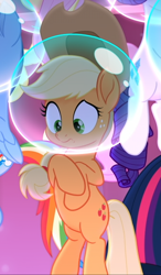 Size: 336x577 | Tagged: safe, screencap, character:applejack, character:rarity, character:twilight sparkle, character:twilight sparkle (alicorn), species:alicorn, species:earth pony, species:pony, my little pony: the movie (2017), air bubble, cropped, cutie mark, female, offscreen character