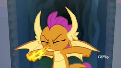 Size: 1920x1080 | Tagged: safe, screencap, character:smolder, species:dragon, episode:what lies beneath, g4, my little pony: friendship is magic, dragoness, eyes closed, female, fire, nightmare cave, snorting, solo, spread wings, wings