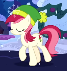 Size: 358x384 | Tagged: safe, screencap, character:roseluck, species:earth pony, species:pony, episode:best gift ever, g4, my little pony: friendship is magic, background pony, clothing, cropped, cutie mark, eyes closed, female, hat, mare, snow, solo, walking
