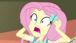 Size: 1280x720 | Tagged: safe, screencap, character:fluttershy, episode:fluttershy's butterflies, g4, my little pony:equestria girls, announcer, female, fluttershy's butterflies: rainbow dash, geode of fauna, open mouth, shocked, shocked expression, solo