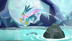 Size: 1280x720 | Tagged: safe, screencap, character:gallus, character:silverstream, species:griffon, species:seapony (g4), episode:what lies beneath, g4, my little pony: friendship is magic, duo, eyes closed, female, glomp, leaping, male, nightmare cave, shipping fuel, water