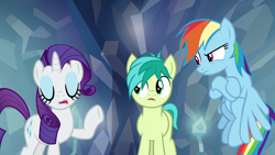 Size: 1280x720 | Tagged: safe, screencap, character:rainbow dash, character:rarity, character:sandbar, species:earth pony, species:pegasus, species:pony, species:unicorn, episode:what lies beneath, g4, my little pony: friendship is magic, eyes closed, female, male, mare, teenager, trio, wings