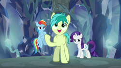 Size: 1280x720 | Tagged: safe, screencap, character:rainbow dash, character:rarity, character:sandbar, species:earth pony, species:pegasus, species:pony, species:unicorn, episode:what lies beneath, g4, my little pony: friendship is magic, female, male, mare, nightmare cave, teenager, trio