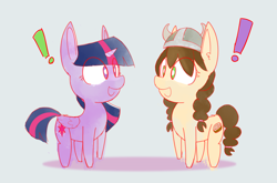 Size: 2232x1470 | Tagged: safe, artist:niteax, character:twilight sparkle, oc, oc:tvælåt, cute, exclamation point, looking at each other, simple background