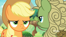 Size: 1920x1080 | Tagged: safe, screencap, character:applejack, character:forest fall, species:earth pony, species:kirin, species:pony, episode:sounds of silence, g4, my little pony: friendship is magic, annoyed, applejack is not amused, background kirin, discovery family logo, female, frown, frustrated, furrowed brow, male, mare, unamused