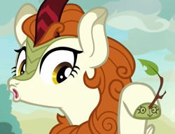Size: 1404x1079 | Tagged: safe, screencap, character:autumn blaze, species:kirin, episode:sounds of silence, g4, my little pony: friendship is magic, :o, autumn blaze's puppet, awwtumn blaze, cloven hooves, cropped, cute, female, hand puppet, open mouth, puppet, solo, stick, twig