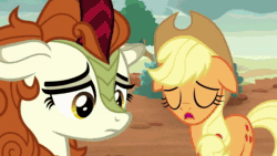 Size: 1920x1080 | Tagged: safe, screencap, character:applejack, character:autumn blaze, species:earth pony, species:kirin, species:pony, episode:sounds of silence, g4, my little pony: friendship is magic, animated, bait and switch, bipedal, cute, duo, female, floppy ears, funny, funny as hell, i'd rather sing, mare, singing, sound, webm